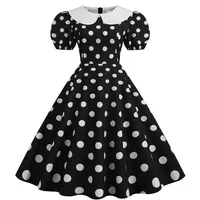 Elegant Women Summer Dress Puff Short Sleeve Polka Dot Peter pan Collar Vintage A-line Midi Long Party Sundress - Image 6