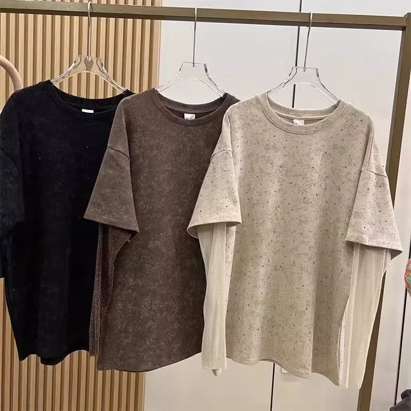

Plus Size European Rhinestone Fake Two-Piece Mesh Sleeve Long Sleeve T Shirt Top New Fashion Loose Tees Women