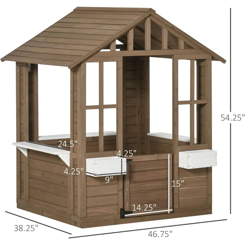 Description Picture 3 of itemKids Wooden Playhouse, Outdoor Garden Games Cottage, with Working Door, Windows, Flowers Pot Holder, 47" x 38" x 54"