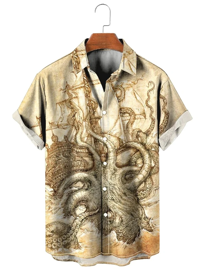 Винтажная Гавайская футболка в классическом стиле для мужчин, мужская повседневная рубашка с лацканами, с принтом 3d карты, лето
