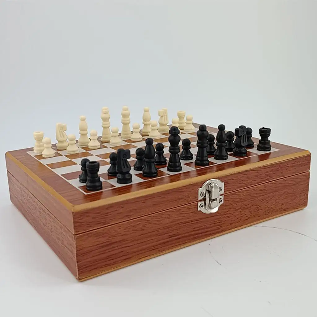 Chess and Dominoes Set Board Games Entertainment Chess 4cm King Size Portable Foldable Wooden Set for Family