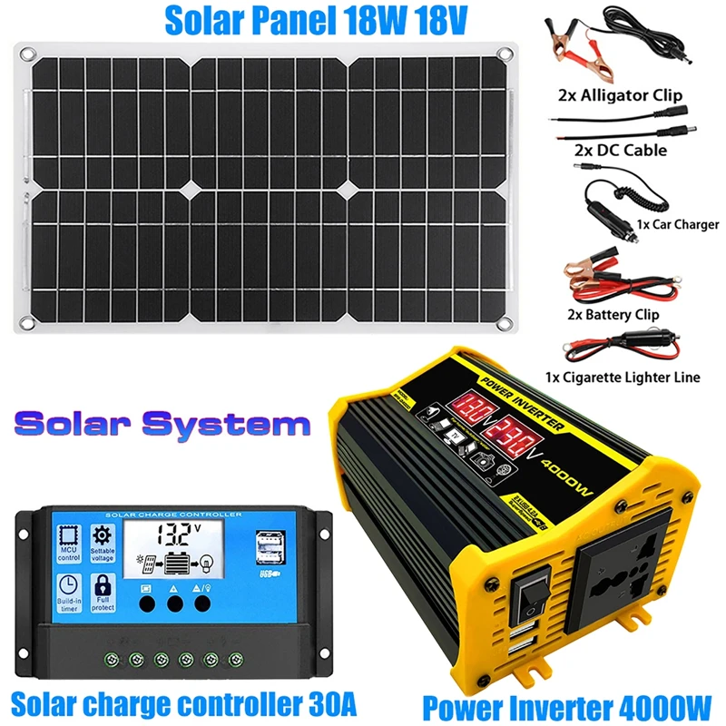 

110V/220V Solar Panel System 18V18W Solar Panel+30A Charge Controller+4000W Modified Sine Wave Inverter Kit Power Generation Kit
