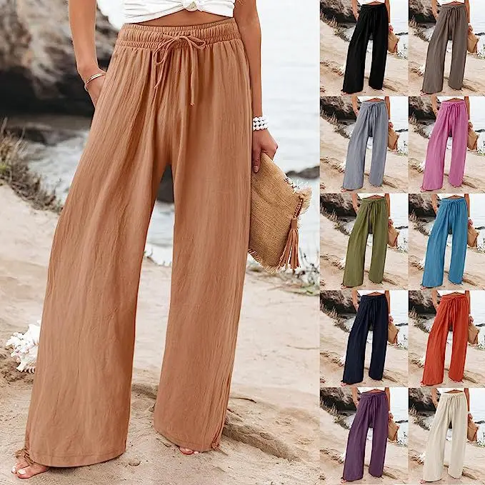 

2024 summer Europe and the United States women's new cotton hemp wide leg drawstring beach pants casual pants women trousers