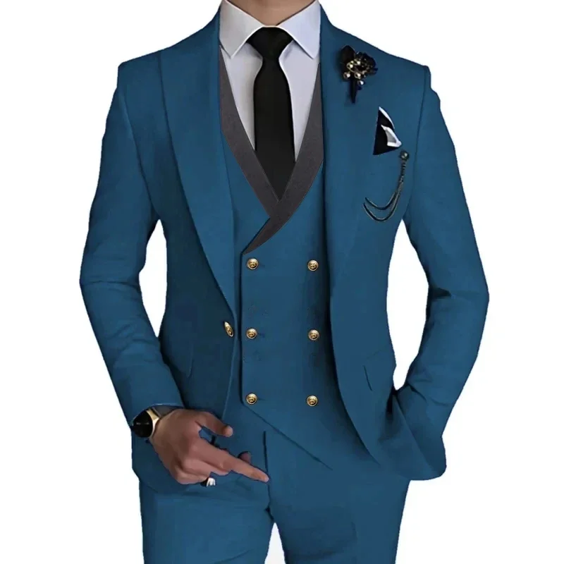 Men's British Style Fashion Boutique Slim Fit Party Stretch Fabric 3 Pieces Sets Suit Pants Vest Blazers Jacket Coat Trousers mens suit