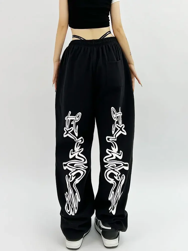 HOUZHOU Hip Hop Gothic Black Jogging Sweatpants Oversize Y2K Grunge Kpop Baggy Trousers Harajuku Graphic Wide Leg Sports Pants deeptown black gothic cargo jeans for women y2k grunge high waist punk denim pants korean streetwear style trousers vintage new