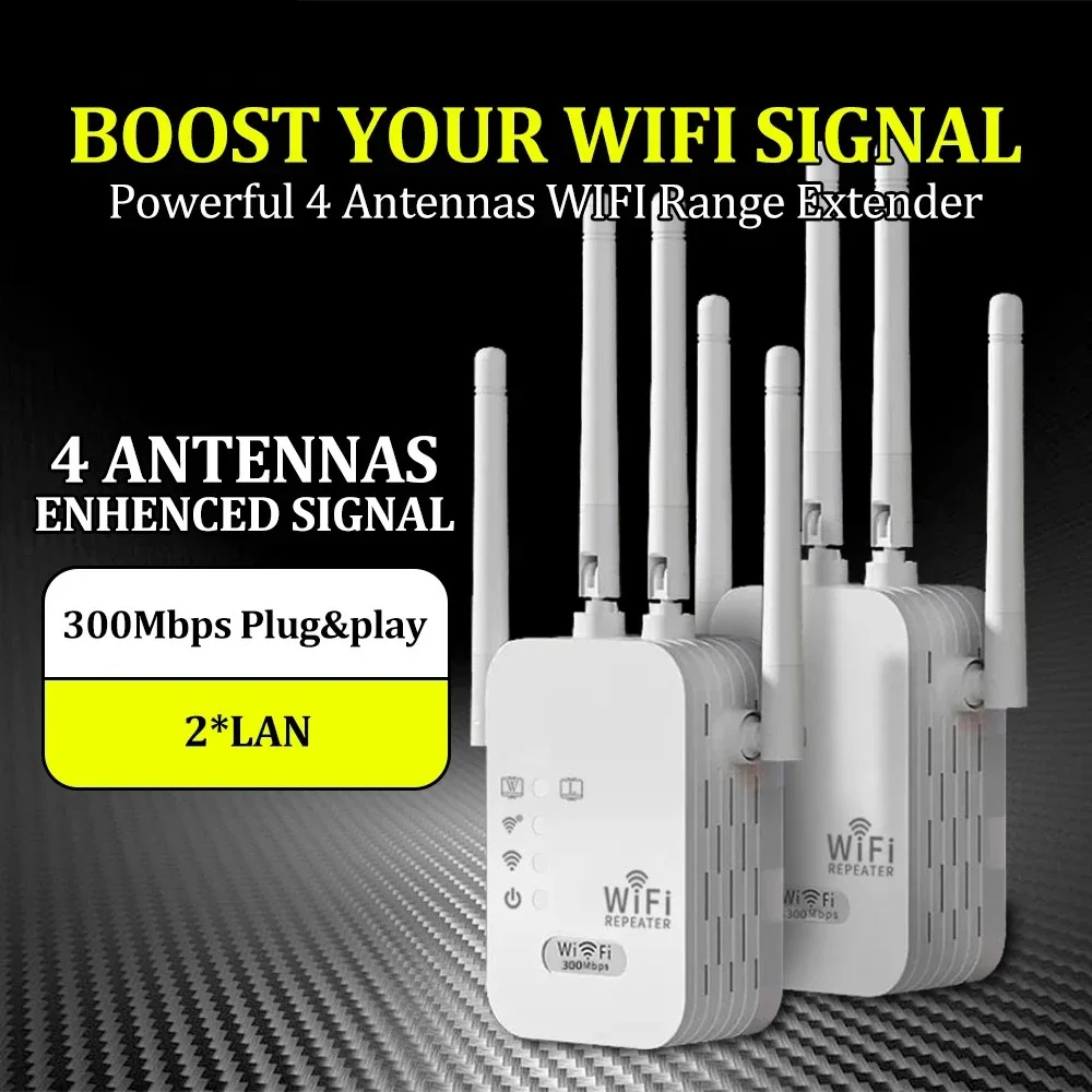 Repetidor WiFi 300 Mbps Doble Banda | Amplificador Con 4 Antenas Y Puerto Ethernet | Cobertura Hasta 150 M²