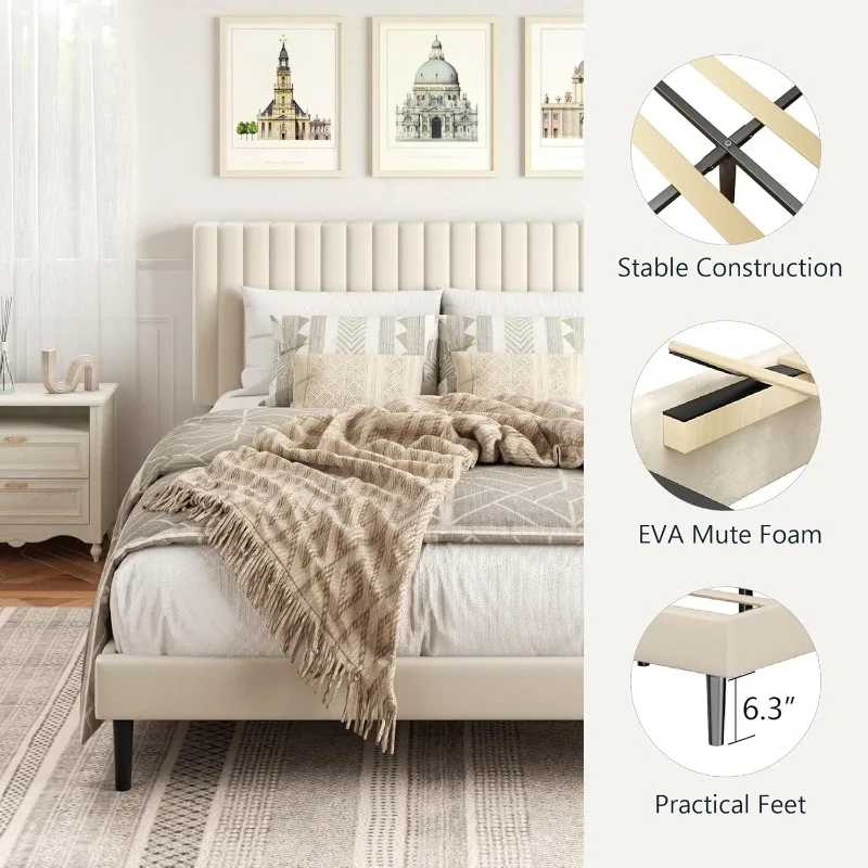 Size Platform Bed Frame with Velvet Upholstered Headboard, Strong Wood Slats, Box Spring Optional, Mattress Foundation 5