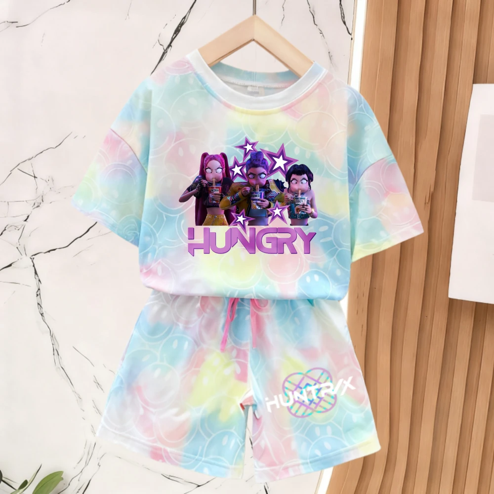 Nouvel ensemble d'été mignon avec visage souriant pour Kpop Demon Hunters, t-shirt à manches courtes et pantalon, 2 pièces, vêtements de détente pour filles, pyjama, cadeau