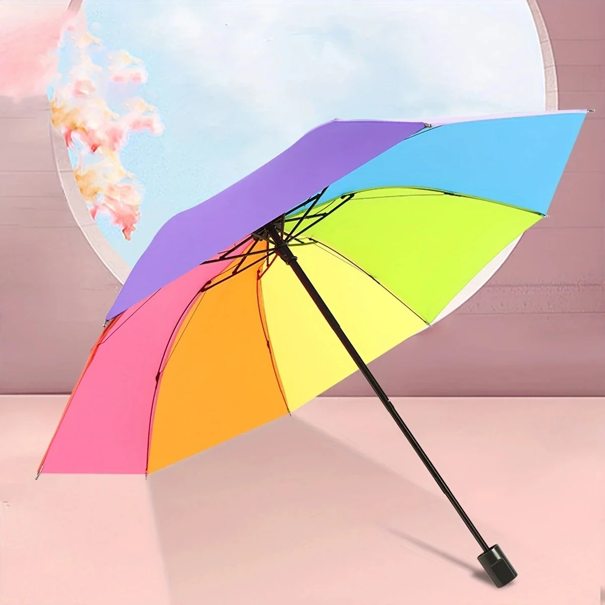 1pc-Rainbow Wonder - Portable Three- Fold Umbrella with Short Handle,  Foldable Design for Effortless Style and Protection