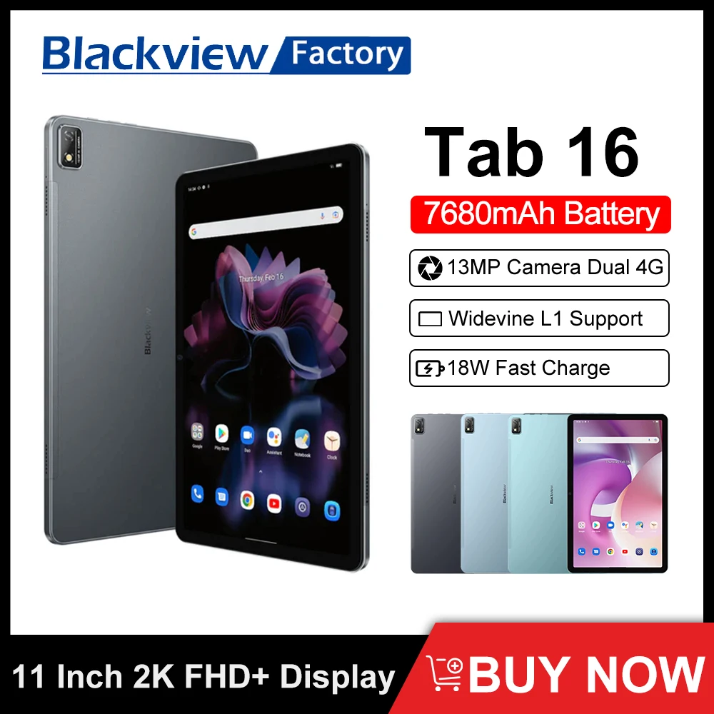 BLACKVIEW Tab 16 Tablet 8GB 256GB 11 Inch 2K FHD+ Display Tablets PC  Android 12 Widevine L1 T616 7680mAh 13MP Camera Dual 4G Pad