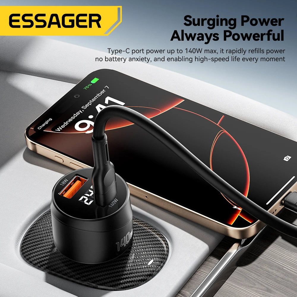 Essager 140W Car Charger PD 3.1 Fast Charging Quick Charge 4.0 For Macbook Pro Laptop USB Type C Car Phone Charger For iPhone 16
