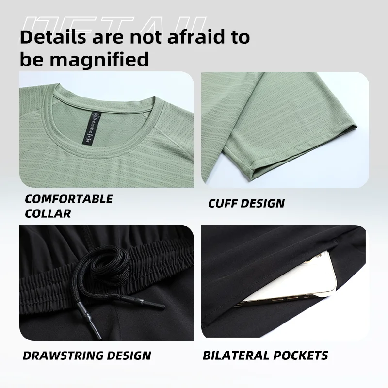 Men Ice Silk Quick Drying Sportswear Suit Fitness Clothes Short Sleeve Sports T-shirt Shorts Running Tracksuit Gym Training Set 4