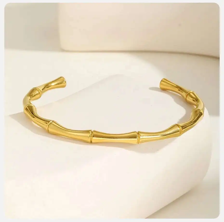 Prjewel Wear-resistant Stainless Steel Bracelet For Women Gold Color Waterproof Bamboo Knot Open Bracelet For Girls Party Gifts 6