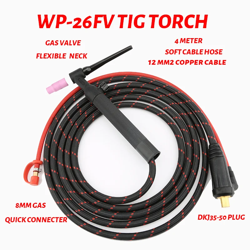 4M/13ft  WP26FV 200A TIG Welding Torch FLEXIBLE Gas-Electric Integrated Soft copper Wire 12 mm² GAS Quick Euro Connector DK35-50 wp9 wp9f tig welding gun welder flexible torch gas electric integrated red hose cable wires 10 25 euro connector 4m 13ft