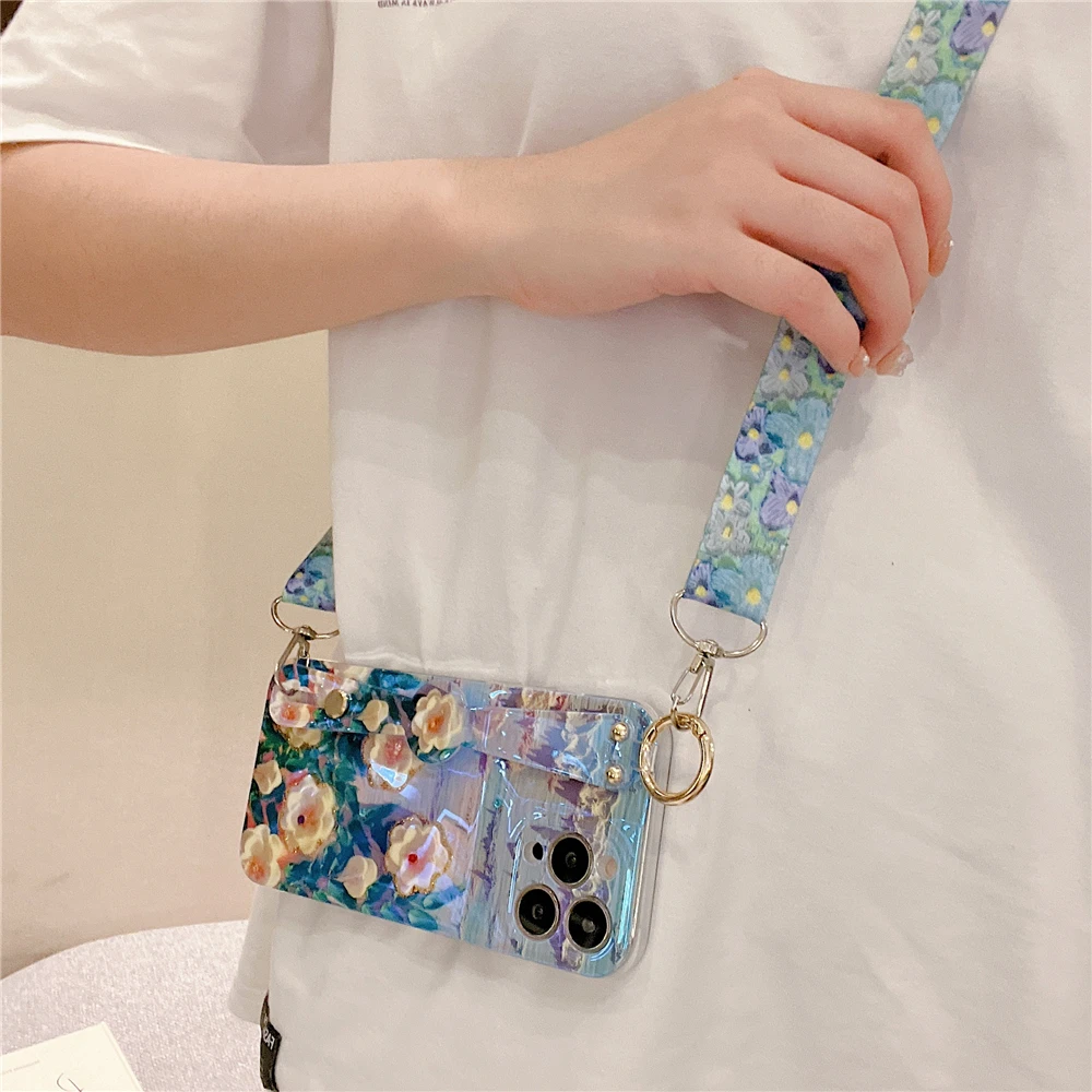 apple iphone 13 case Lanyard Oil Painting Crossbody Wrist Strap Glitter Flowers Case For iPhone 11 12 13 Pro Max XS X Soft Shockproof Holder Cover iphone 13 cover iPhone 13