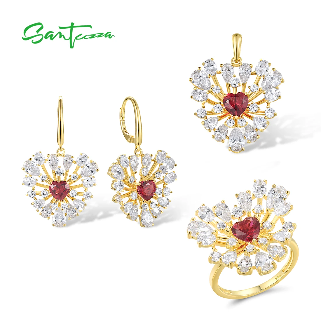

Женские серьги-кольца SANTUZZA, из серебра 925 пробы с белым кубическим цирконием и красным сердцем, модные ювелирные украшения