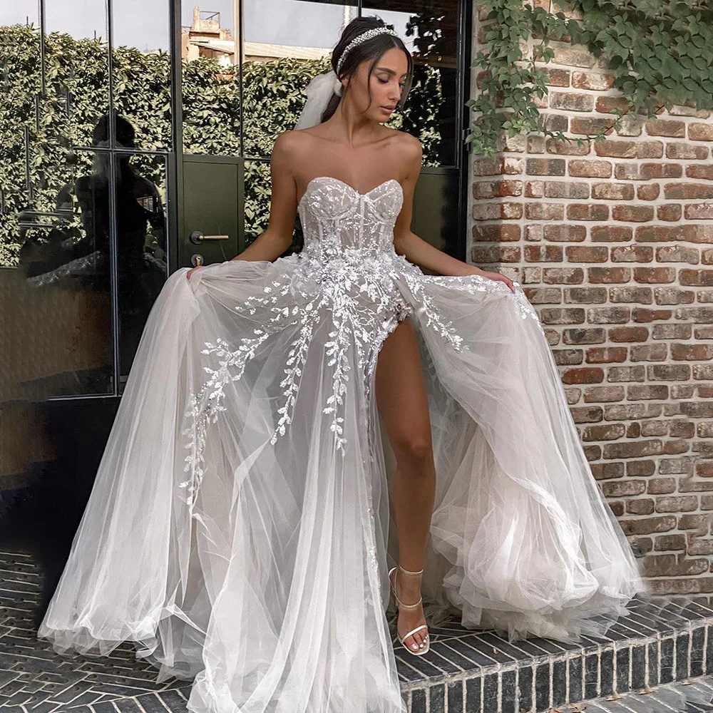 

TIXLEAR Elegant Side Split Satin Wedding Dresses for Bride with Sweatheat Princess Backless Civil Bridal Gowns 2023 Sweep Train