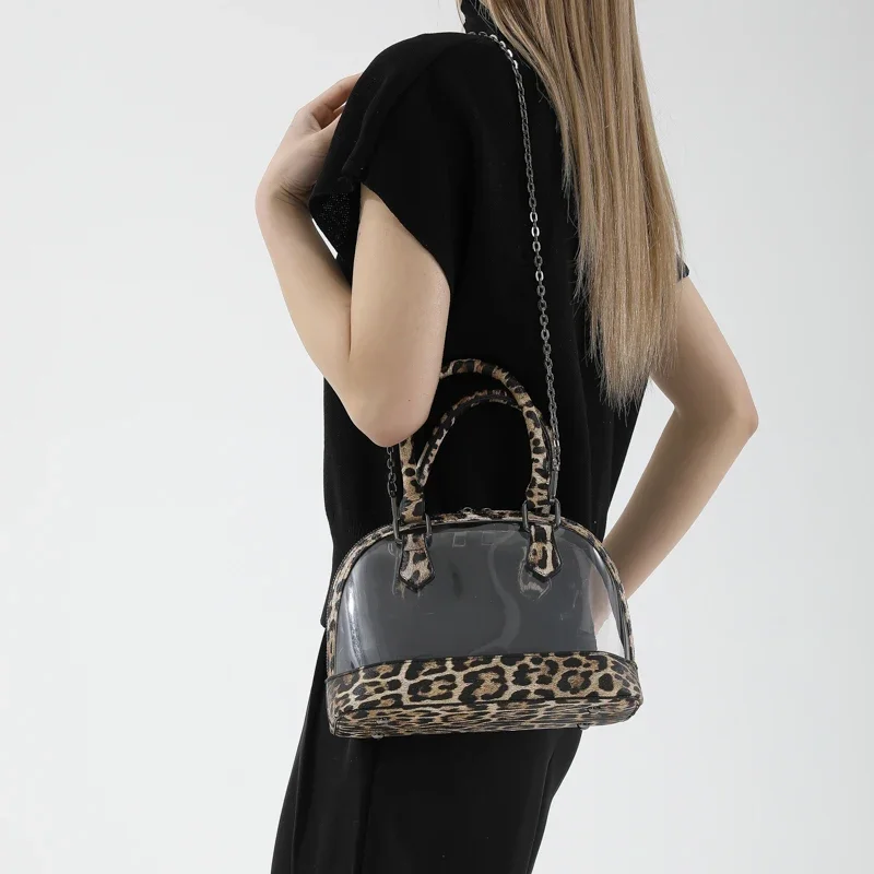 2024 New Shell Handbag Bag For Women Vintage Khaki Leopard Leather Shoulder Bag Female Waterproof Transparent PVC Crossbody Bags