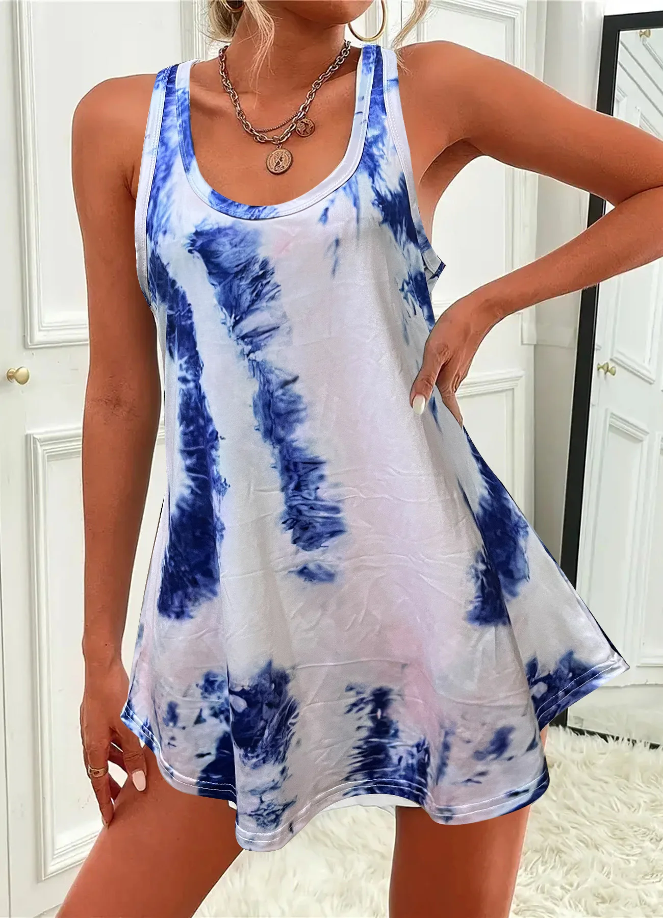 Sommer neuer Stil lässig, bequem und modisch Tie-Dye bedruckt ärmelloses langes Top mit Rundhals ausschnitt für Frauen