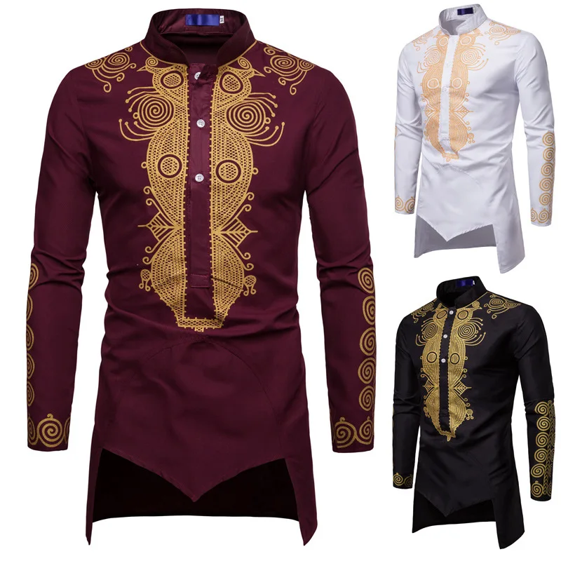 

2023 Muslim Men shirts Luxury Casual Islamic Arabic Abaya Robe Fashion Ethnic Print Stand Collar Youth Mid-length Cosplay Cos