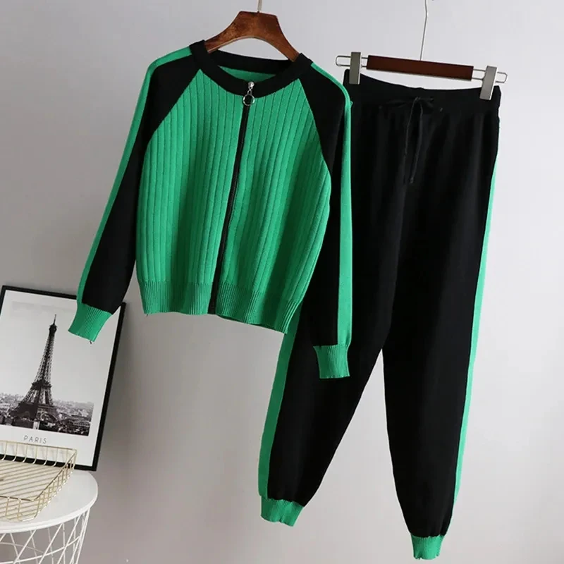 Fashion Patchwork Women Sweater 2 Piece Sets Korean Zipper Chic Sueter Tops Conjuntos Casual Mom Jogger Knitwear Pants Ensembles