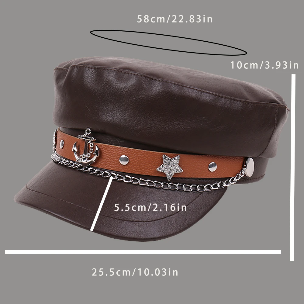 Metal Anchor Emblem Star Chain Flat Top PU Leather Captain Hat Role-playing Accessory Military Style Officer Cap