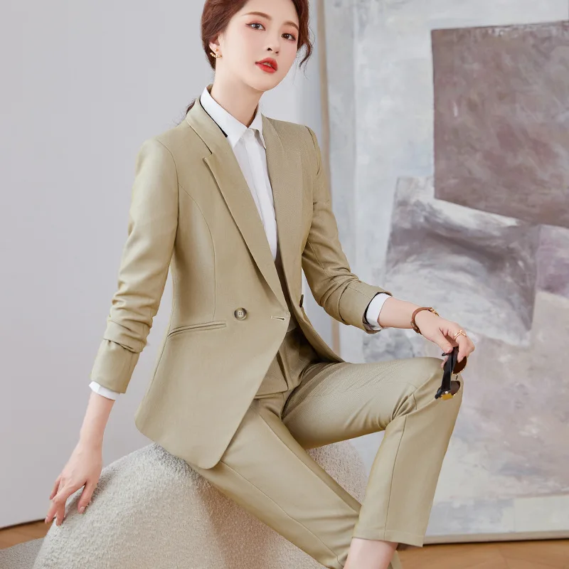 IZICFLY New Style Autumn Spring Professional Business Khaki Elegant Slim Office Jacket Pant Suit For Women Work Wear