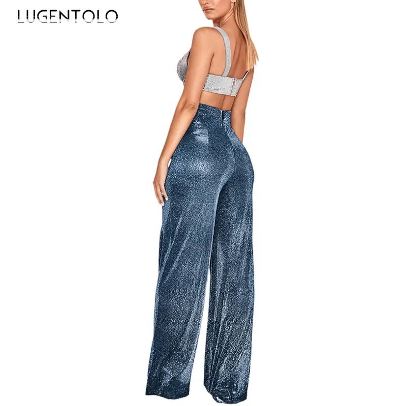 Women High Waist Pants Solid Hot Silver New Fashion Spring Summer Lady Elegant Comfortable Casual Wide-leg Long Clothing