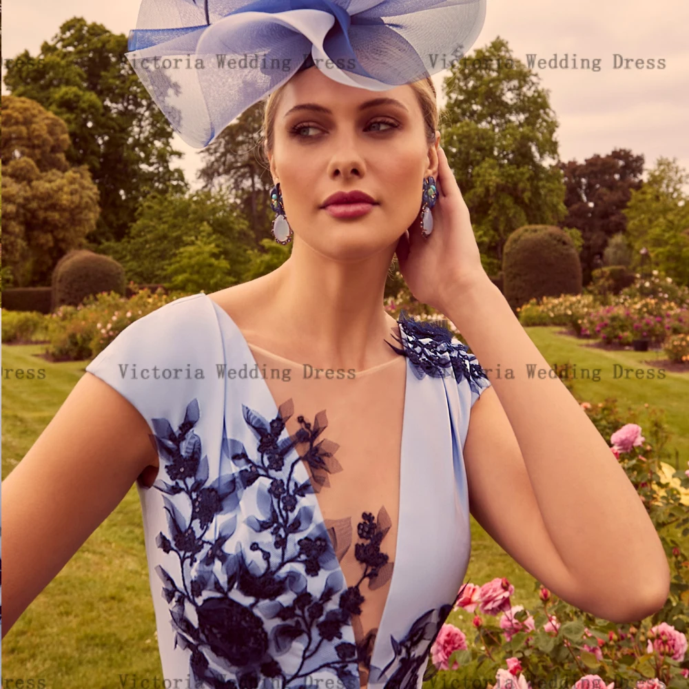 Elegant Blue Mother of the Bride Dresses V Neck Cap Sleeves Wedding Party Gowns Appliques Ankle-Length A-Line 2024 فستان سهرة