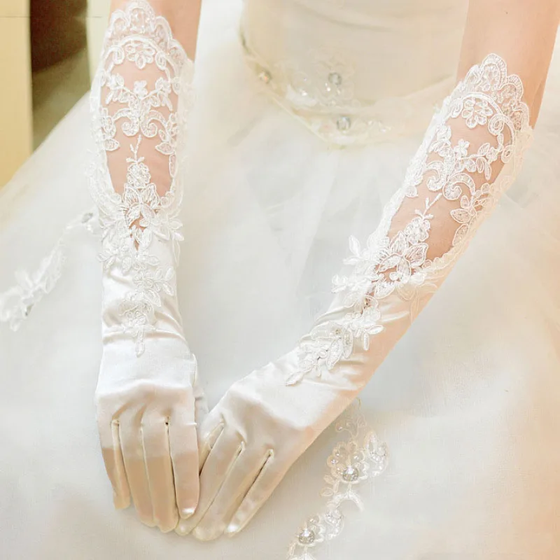 The satin long lace flower embroidered hollow wedding banquet bride opera gloves elegant evening dress accessories.