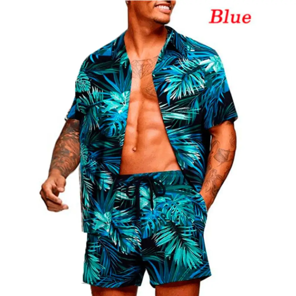 

Men Shirt Suit Hawaiian Style Turn-down Collar Short Sleeve Tops Shorts Set Casual Beach Wear Vacation Travel Clothing Chemise