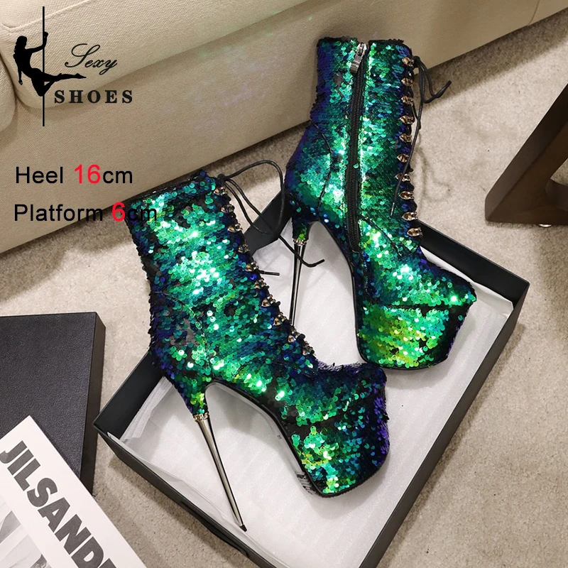 Winter Shoes Bling Glitter Sequin Platform High Heels Ankle Boots Club Cosplay Stiletto Ladies Shoes Stripper Heels Modern Boots