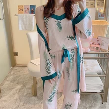 Ensemble de pyjama en soie pour femmes, 3 pièces, manches longues, respirant, Sexy, haut + pantalon 