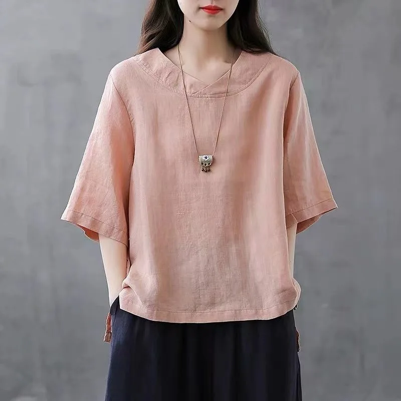 

Summer New Women's Clothing Literature Style Short Sleeve T-shirt Loose Large Solid Color Round Neck Split Cotton Hemp Tops