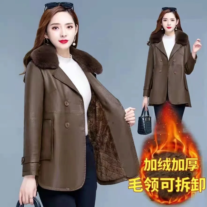 

Women Leather Jacket XL-6XL Autumn Winter Korean Loose Faux Leather Windbreaker Coat Female Winter Thick Velvet Parkas Overcoat