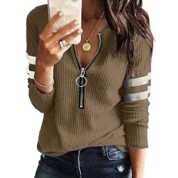 New Spring Fall Stripe Big Zipper Retro Sweater Long Sleeve Sweater Fashion Loose Pullover Womens Winter Sweaters Warm T-shirt 3