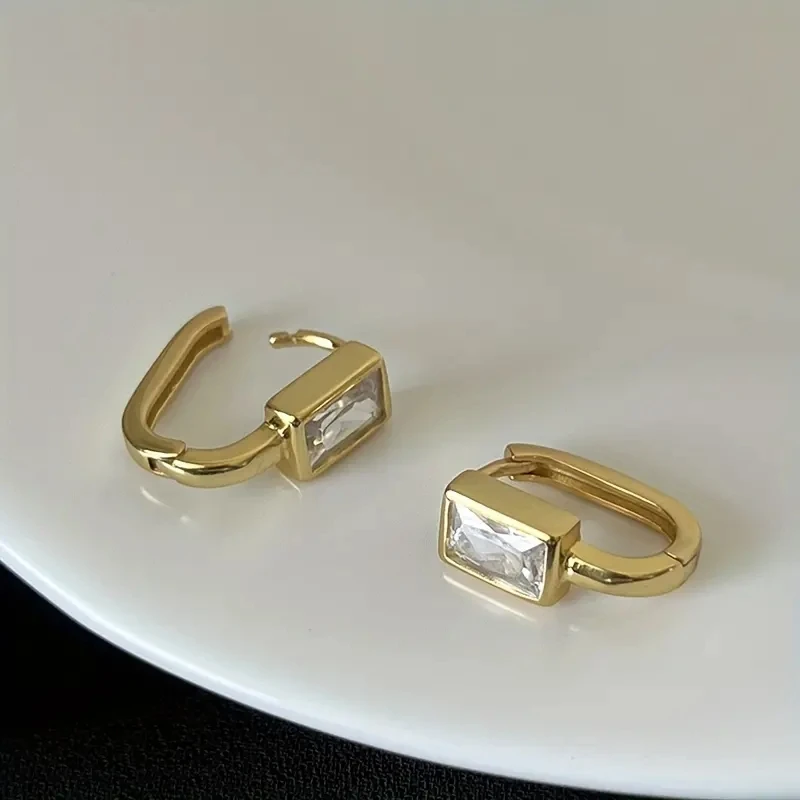 Huitan Rectangular Cubic Zirconia Hoop Earrings Gold Color Detail