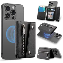 Premium Magnetic PU Leather Zipper Wallet Stand Case with Card Holder Pocket (Black)