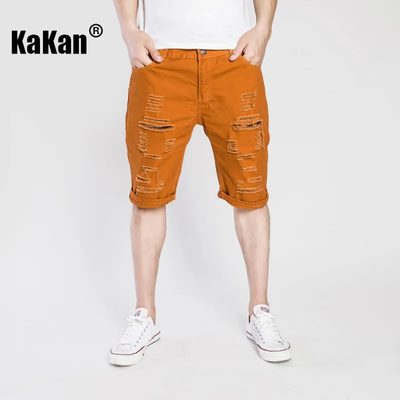 Kakan - Summer New Vintage Perforated Capris Jeans for Men, Royal Blue Red Distressed Washed Casual Jeans K35-F049