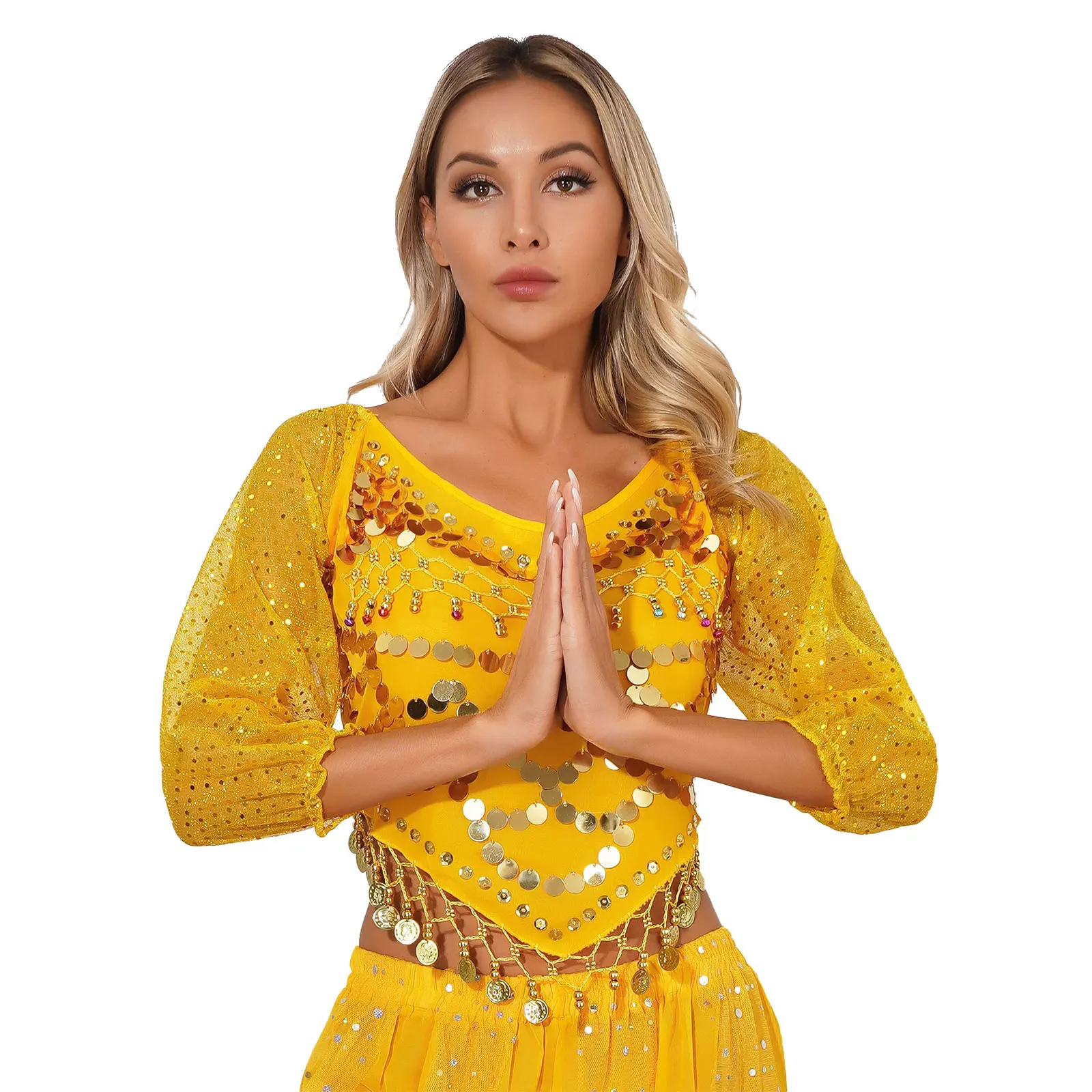 

Bollywood Indian Princess Tops Women Ladies Belly Dance Costume Self-tie Back Irregular Hem Crop Top Mesh Long Sleeve Shirts