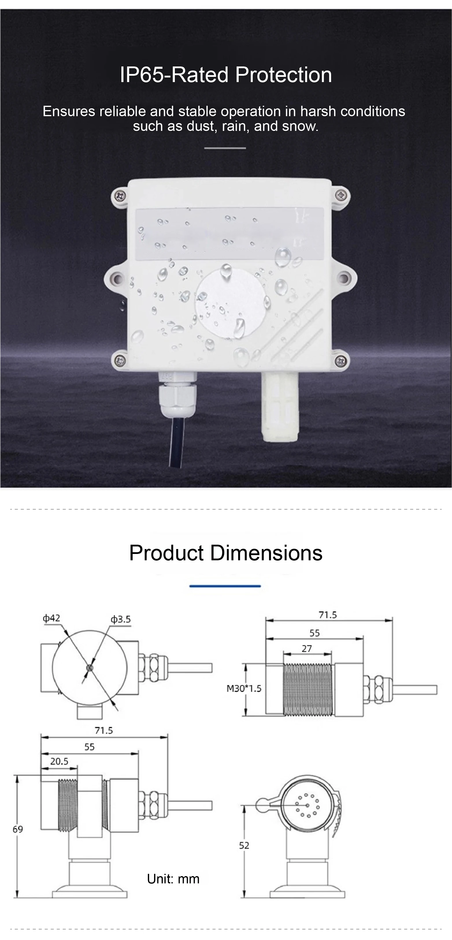 Carbon Monoxide Transmitter CO Gas Detector Wall Mount Sensor RS485 4‑20mA Relay