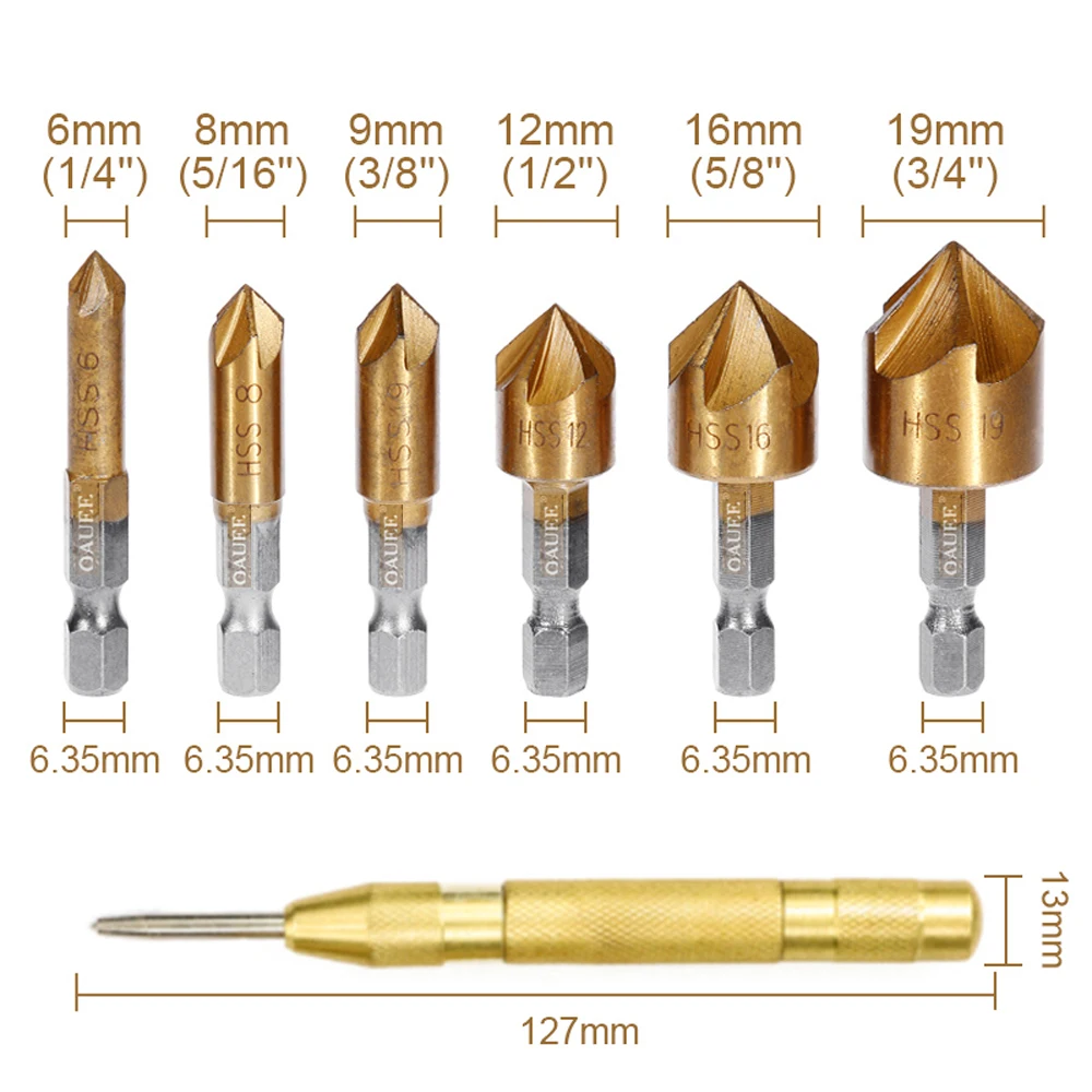 Hazrcvr Lot de 6 Fraise a Chanfreiner Fraise à Chanfreiner Titane Revêtu  Foret à Bois Queue Hexagonale avec Pointeau Automatique Outils d’Ébavurage