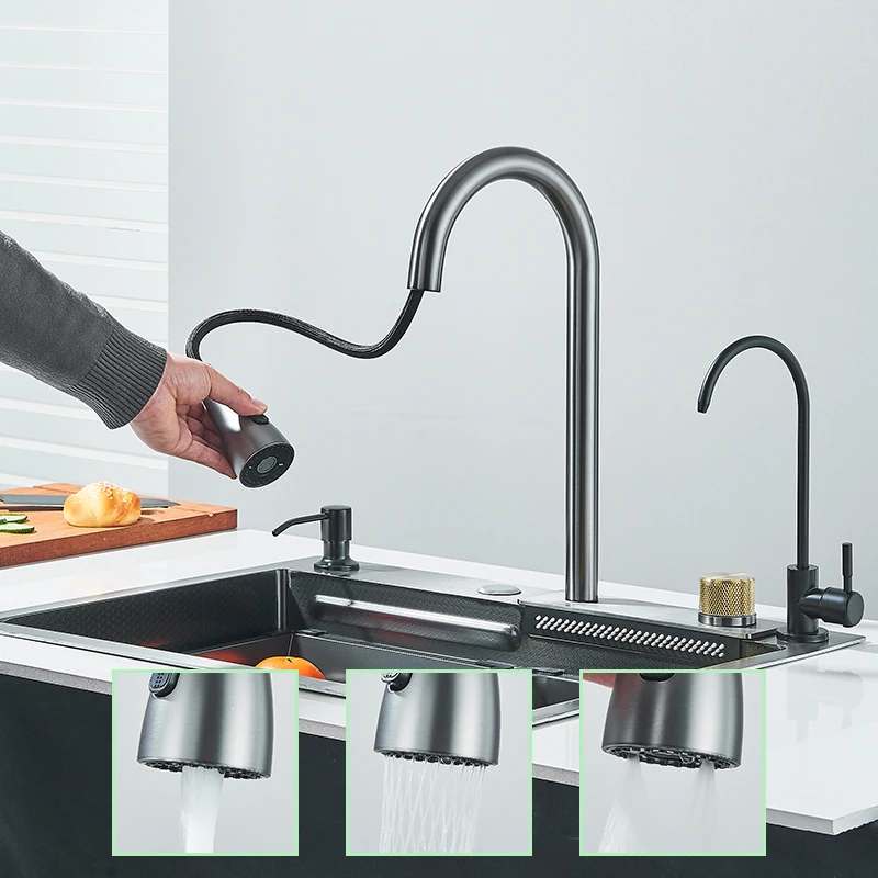 304 Stainless Steel Kitchen Waterfall Large Single Sink Dish Basin Sink With Multifunction Faucet And Pure FaucetCup Disher 3
