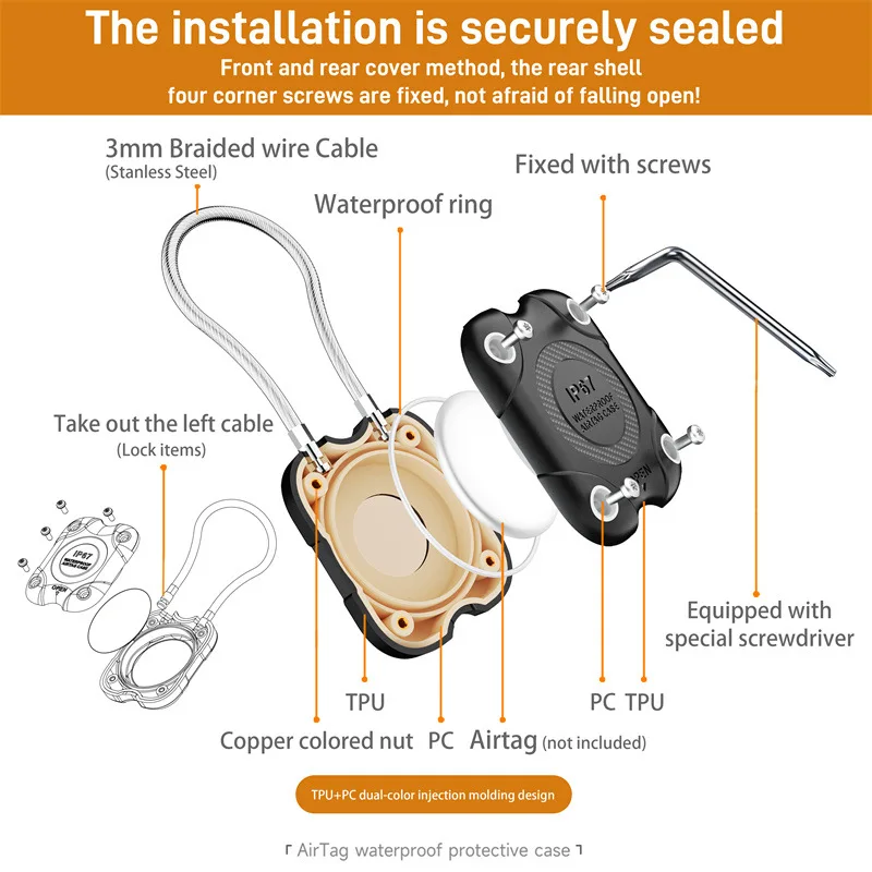 Secure Lock AirTag Holder with Wire Cable - 360° Hard Protective Keychain Case