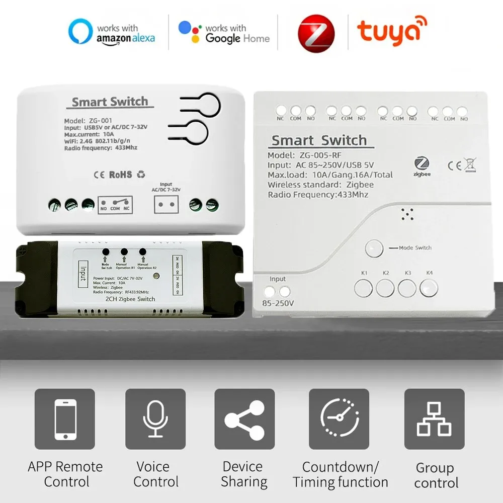 

Zigbee 3,0 шлюз 1/2/4CH умный модуль переключателя 12 в 24 В AC DC 433 МГц релейный переключатель Tuya для умного дома