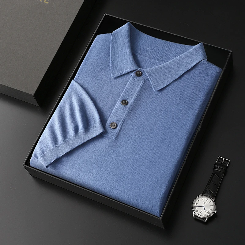 

Men's Polo Neck Short-sleeve Shirt Summer New Merino Fine Imitation Wool High End Business Casual Lapel Half-sleeve T-shirt Top