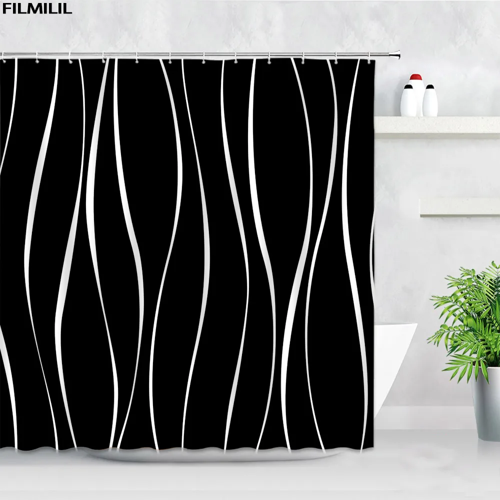 Creative Black & White Stripes Shower Curtain Set Bathroom Polyester Fabric Hook 