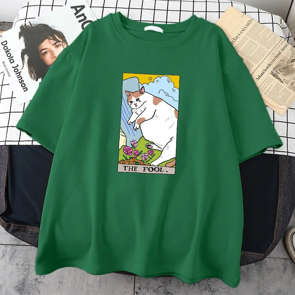 The Fool Sad Cat Meme 프린트 남성용 티셔츠, 빈티지 개성, 스트리트 탑, 올 수학 오버사이즈, 반팔, 코튼 티셔츠
