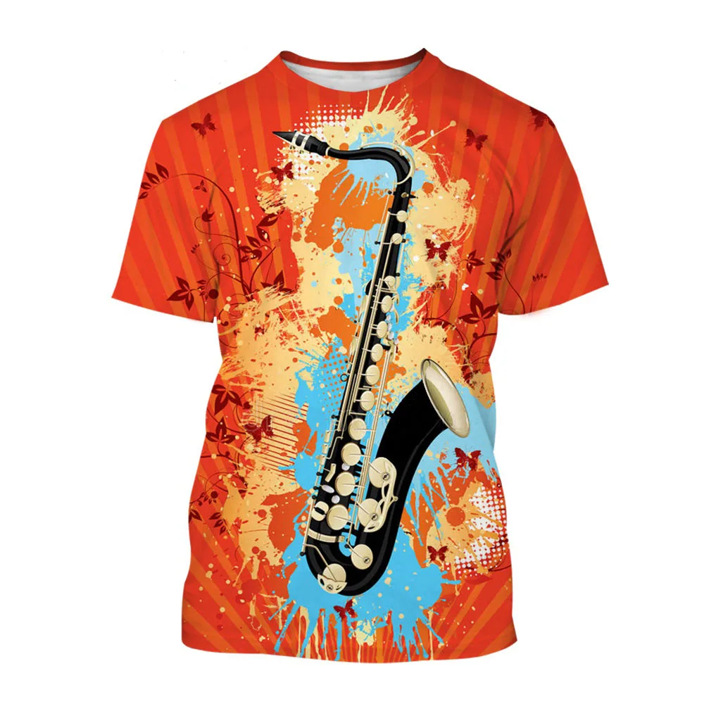 

New Summer Tide Fashion Saxophone Pattern Men T-Shirts Casual 3D Print Tees Hip Hop Personality Round Neck Short Sleeve Tops
