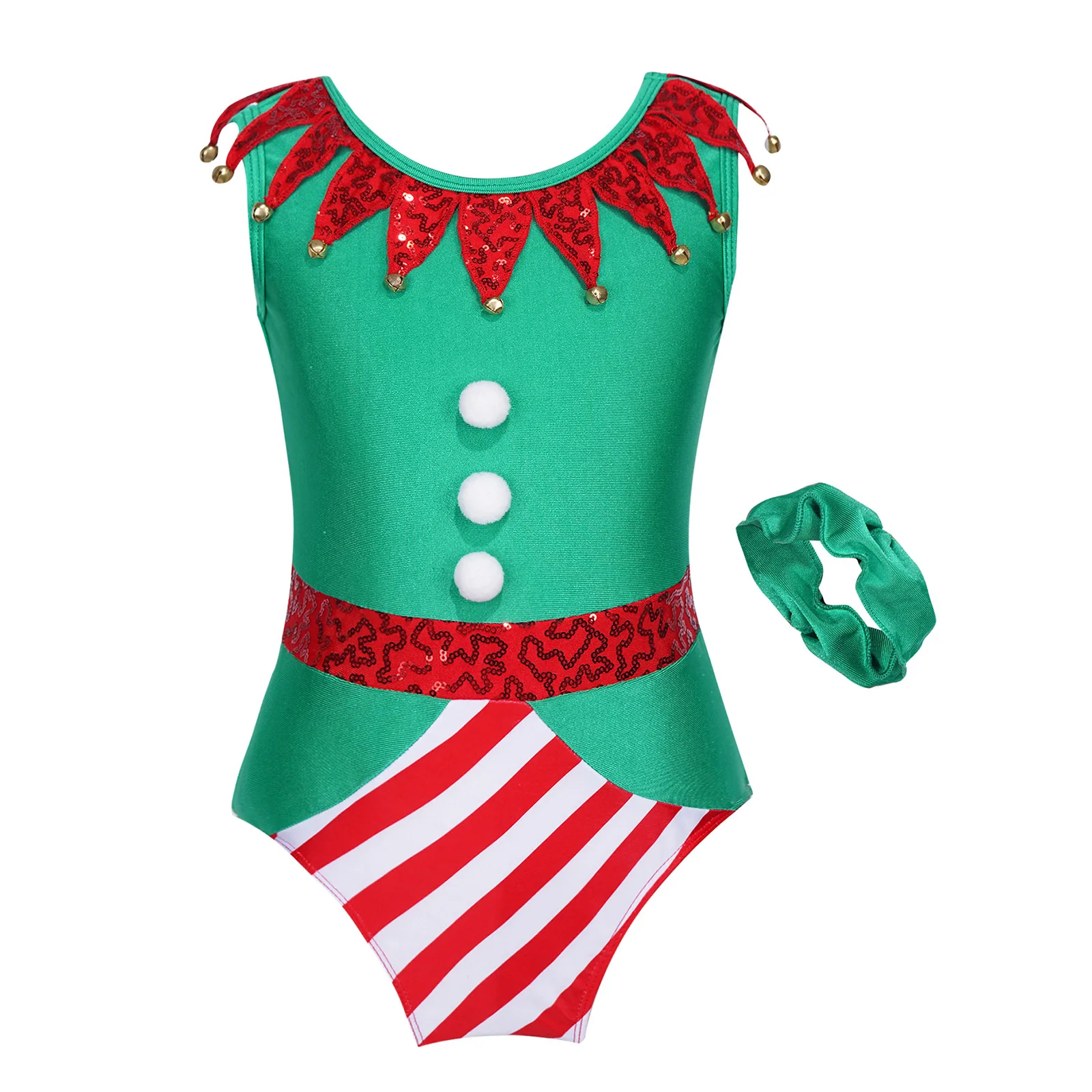 

Kids Girls Elf Christmas Dance Costume New Year Party Xmas Santa Cosplay Fancy Dress Up Ballet Gymnastics Leotards with Headwear